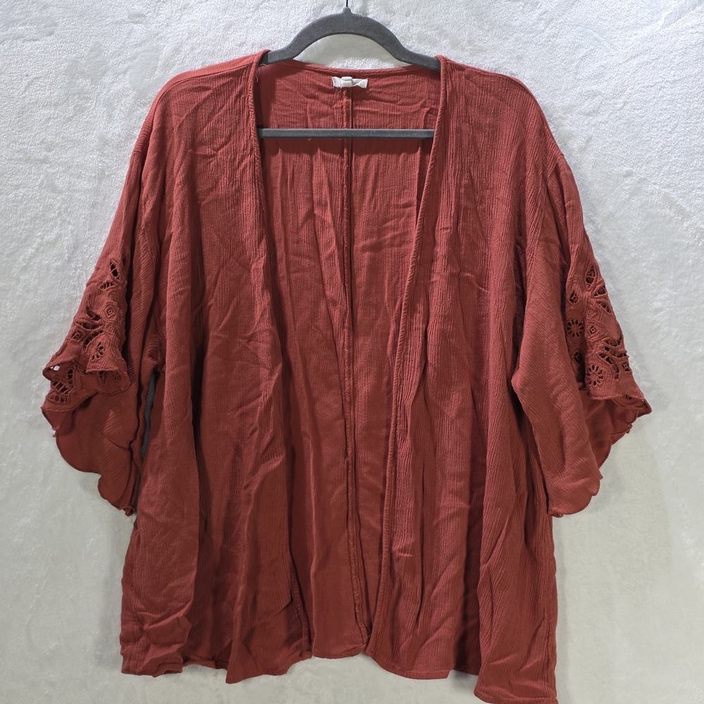 Maurices Terracotta Open-Front Cardigan Lace Accents Bell Sleeves Sz XXL